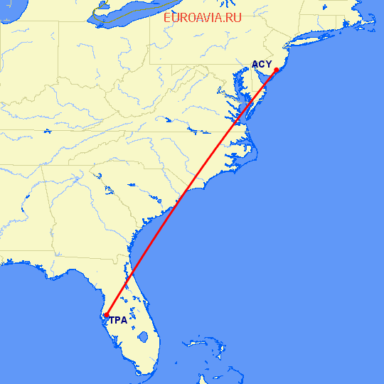 перелет Тампа — Атлантик Сити на карте