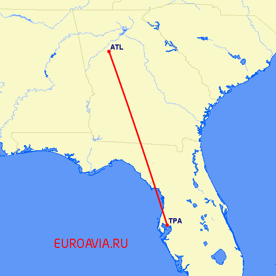 перелет Тампа — Атланта на карте