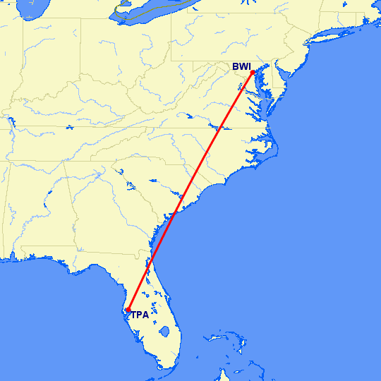 перелет Тампа — Балтимор на карте