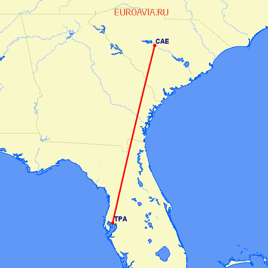 перелет Тампа — Columbia на карте