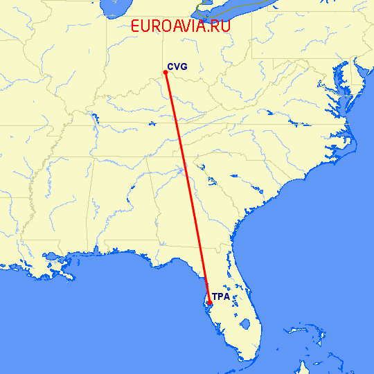 перелет Тампа — Кавингтон на карте
