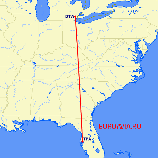 перелет Тампа — Детройт на карте