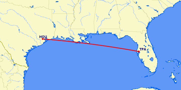 перелет Тампа — Хьюстон на карте