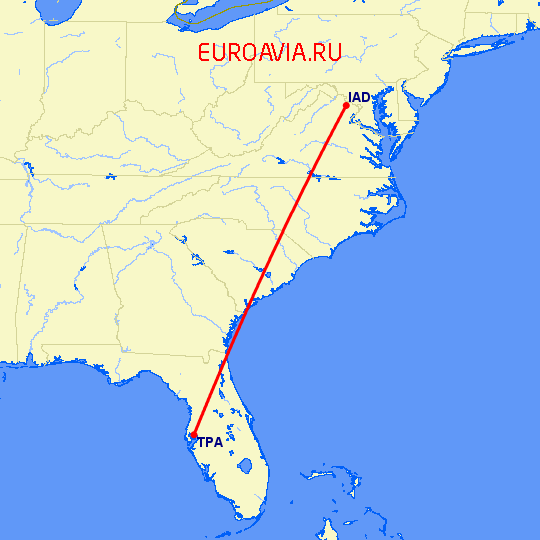 перелет Тампа — Вашингтон на карте