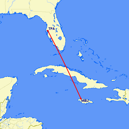 перелет Тампа — Монтего Бей на карте