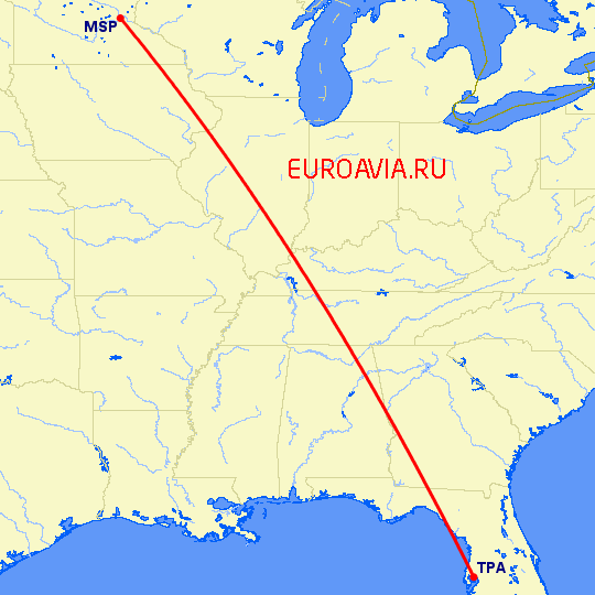 перелет Тампа — Миннеаполис на карте