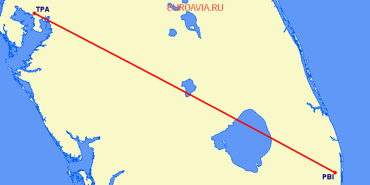 перелет Тампа — Уэст Палм Бич на карте