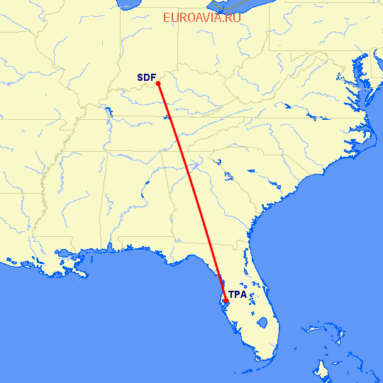 перелет Тампа — Луисвилл на карте