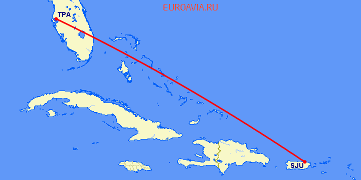 перелет Тампа — Сан Хуан на карте
