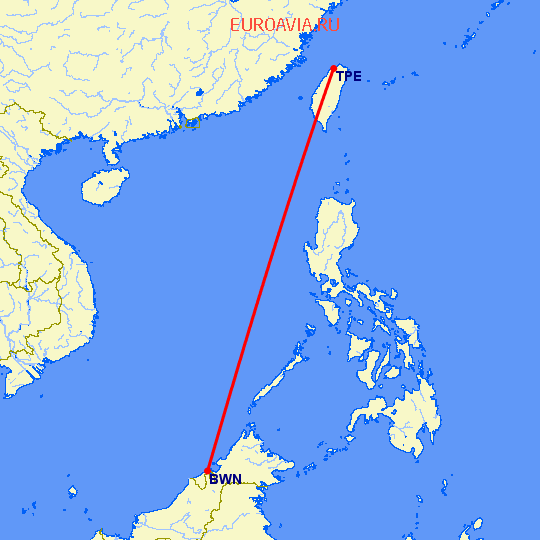 перелет Тайбэй — Бандар Сери Бегаван на карте