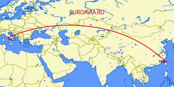 перелет Тайбэй — Рим на карте