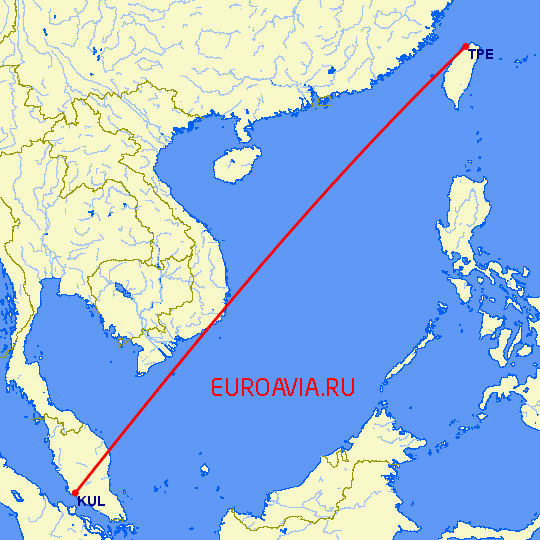 перелет Тайбэй — Куала Лумпур на карте