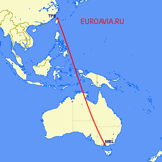 перелет Тайбэй — Мельбурн на карте