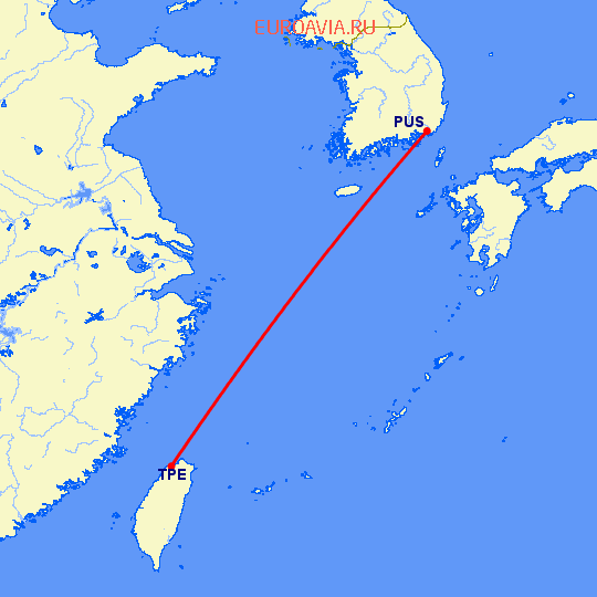 перелет Тайбэй — Пусан на карте