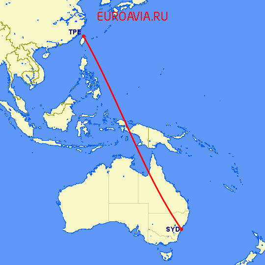 перелет Тайбэй — Сидней на карте