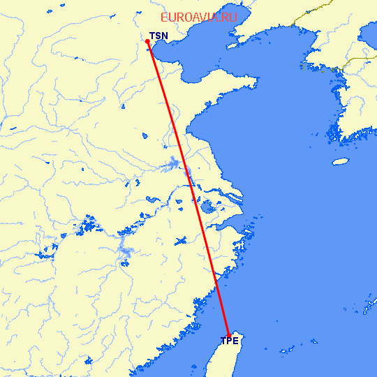 перелет Тайбэй — Тяньцзинь на карте
