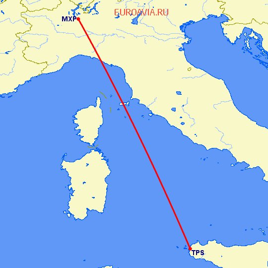 перелет Тапини — Милан на карте