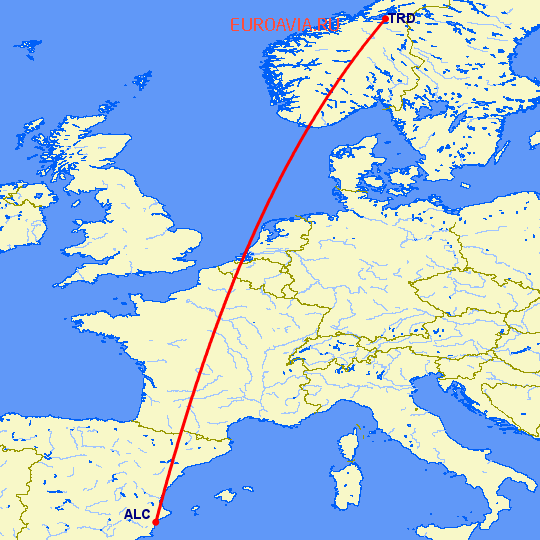 перелет Тронхейм — Аликанте на карте
