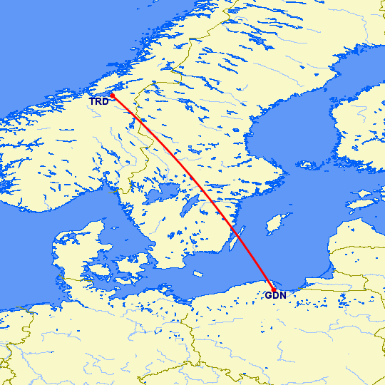 перелет Тронхейм — Гданьск на карте