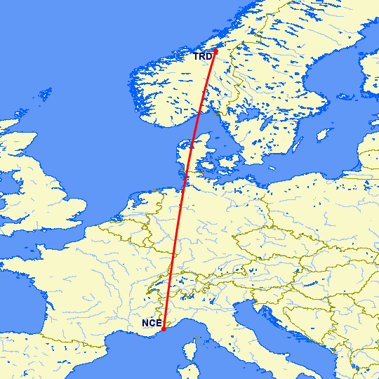 перелет Тронхейм — Ницца на карте