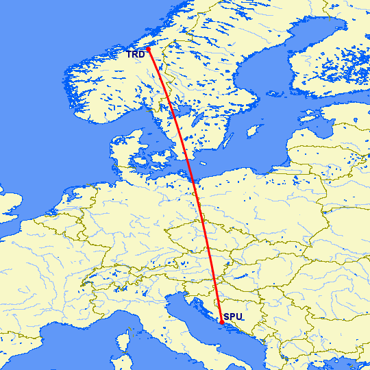 перелет Тронхейм — Сплит на карте