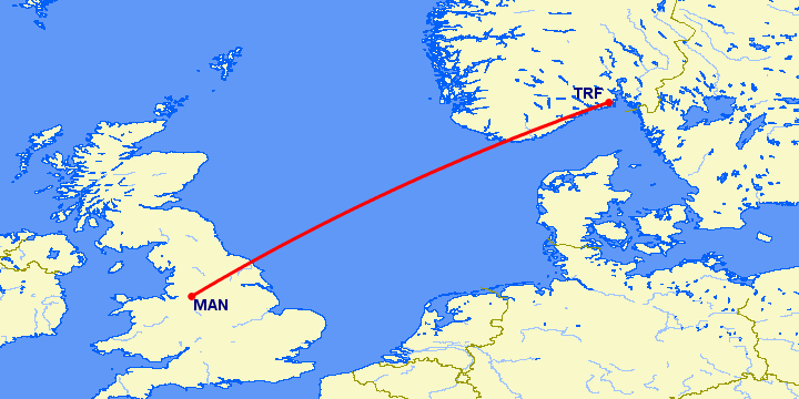 перелет Осло Торп — Манчестер на карте