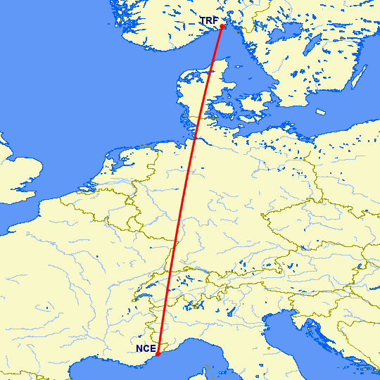 перелет Осло Торп — Ницца на карте