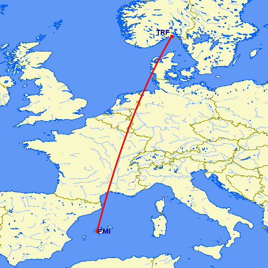 перелет Осло Торп — Пальма де Майорка на карте