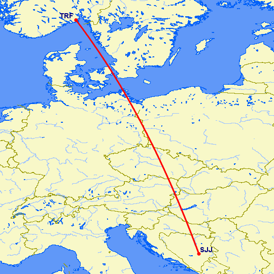 перелет Осло Торп — Сараево на карте
