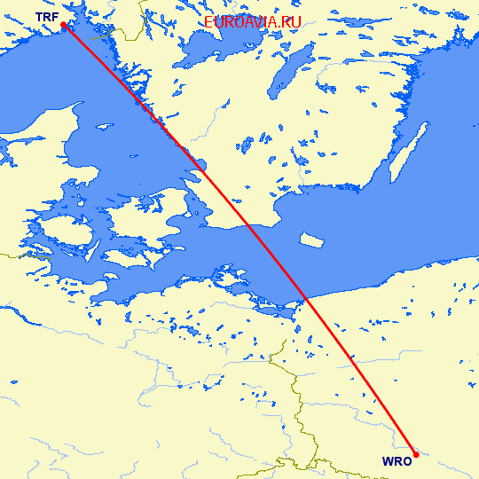 перелет Осло Торп — Вроцлав на карте