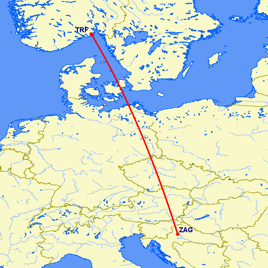 перелет Осло Торп — Загреб на карте