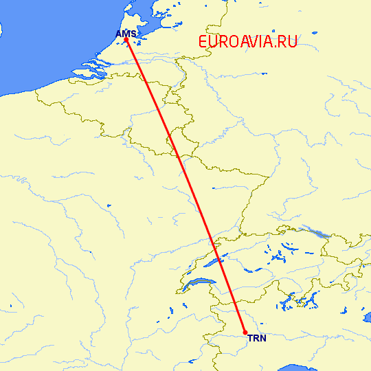 перелет Турин — Амстердам на карте