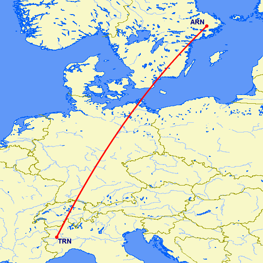 перелет Турин — Стокгольм на карте