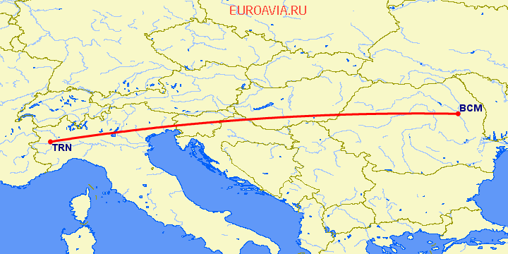 перелет Турин — Бакэу на карте