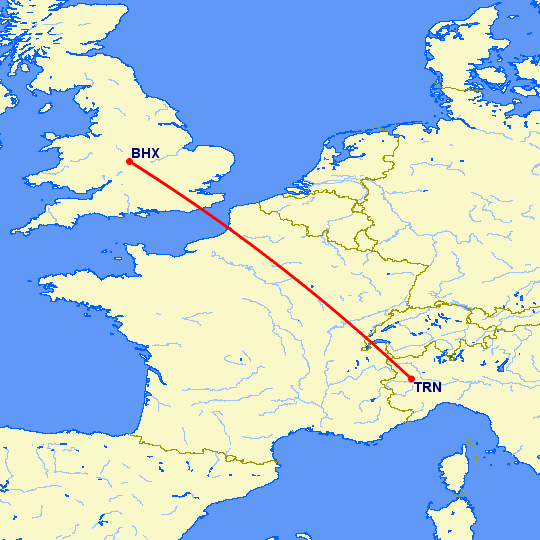 перелет Турин — Бирмингем на карте