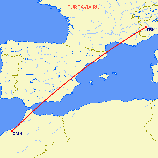 перелет Турин — Касабланка на карте