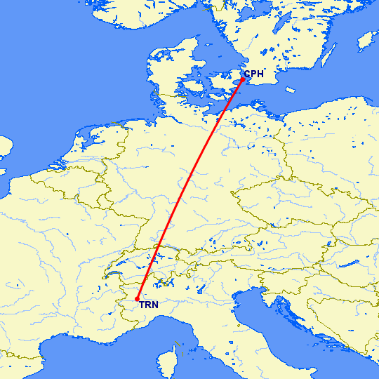 перелет Турин — Копенгаген на карте