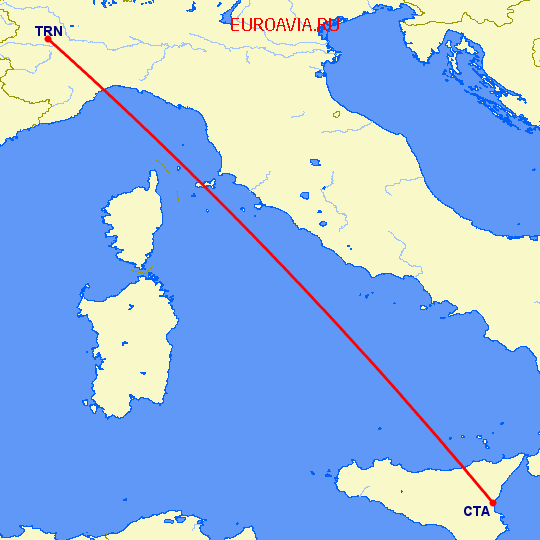 перелет Турин — Катания на карте