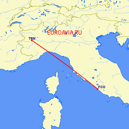 перелет Турин — Рим на карте