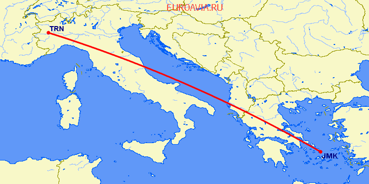 перелет Турин — Миконос на карте