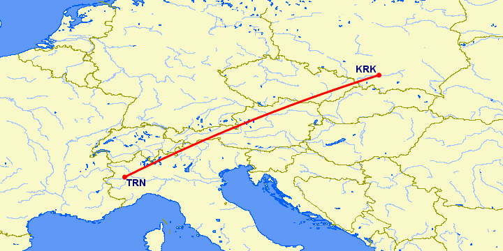 перелет Турин — Краков на карте