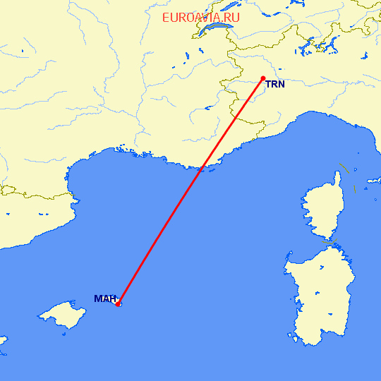 перелет Турин — Менорка на карте