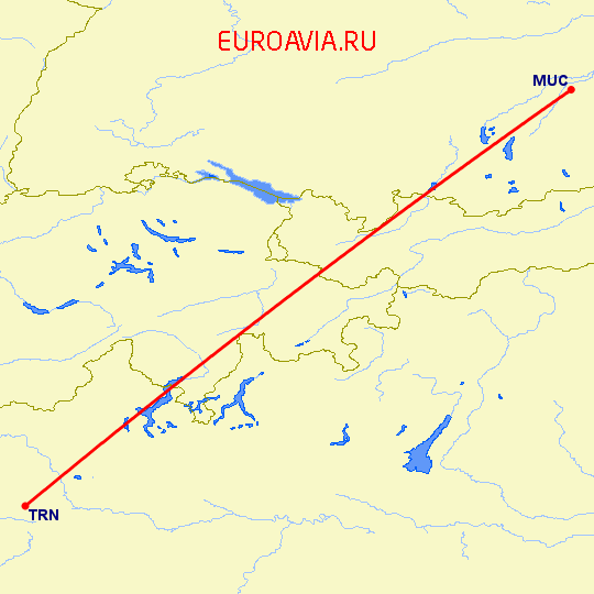 перелет Турин — Мюнхен на карте
