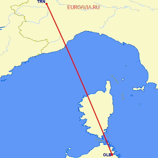 перелет Турин — Costa Smeralda на карте