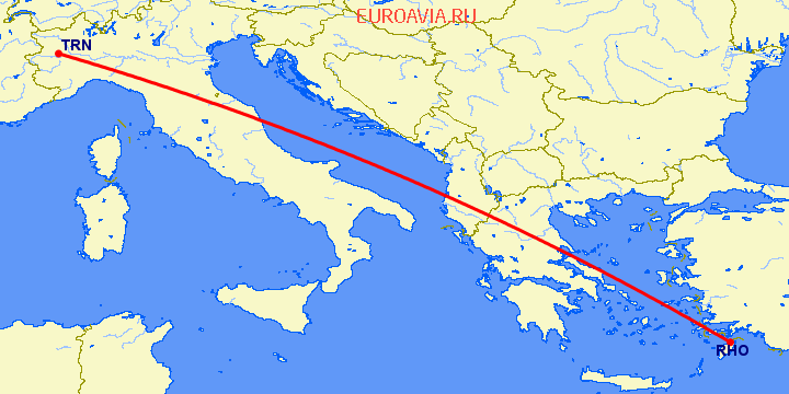 перелет Турин — Родос на карте