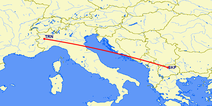 перелет Турин — Скопье на карте