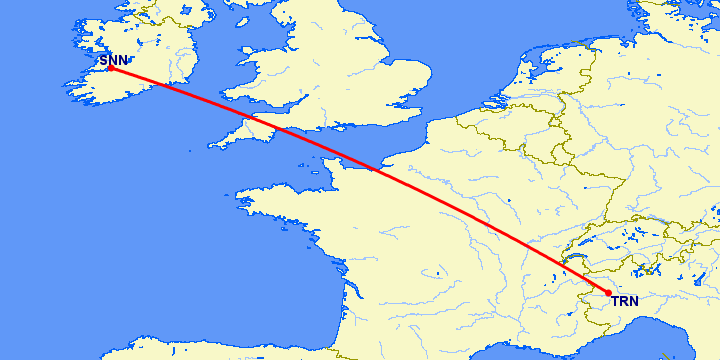 перелет Турин — Шеннон на карте
