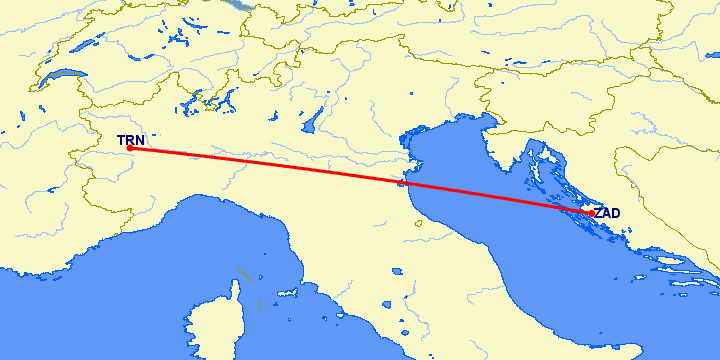 перелет Турин — Задар на карте