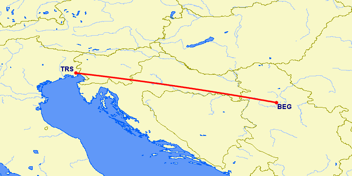 перелет Триест — Белград на карте