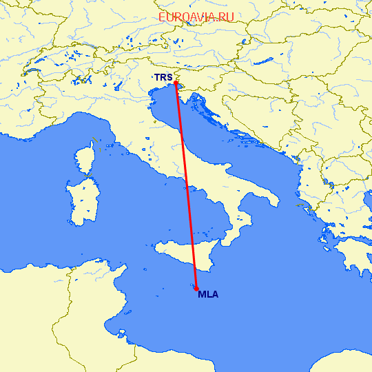 перелет Триест — Мальта на карте